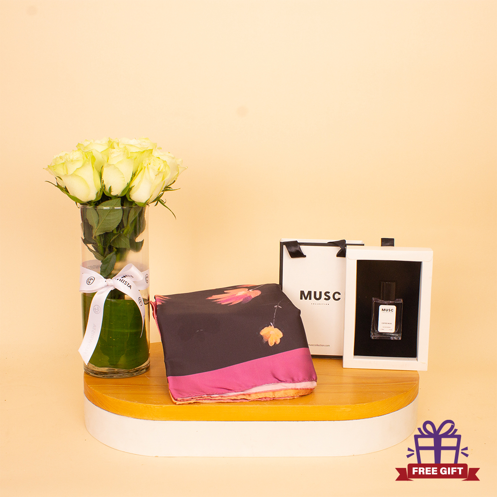 Flowrista Online Flowers Shop Veloor Layal Scarf & MUSC Coffee Musk with White Roses Vase