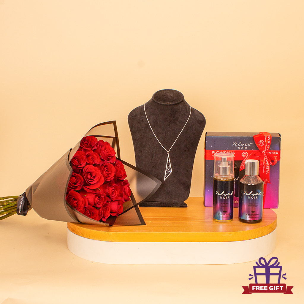 Flowrista Online Flowers Shop Velvet Noir & Red Roses Bundle — Felizmoda Triangle Zircon Necklace & Red Roses Bouquet