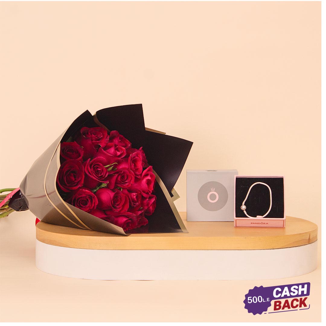 Flowrista Online Flowers Shop سوار باندورا مومنتس بسلسلة ثعبان مع قلب مرصع + ١٥ وردة حمراء 