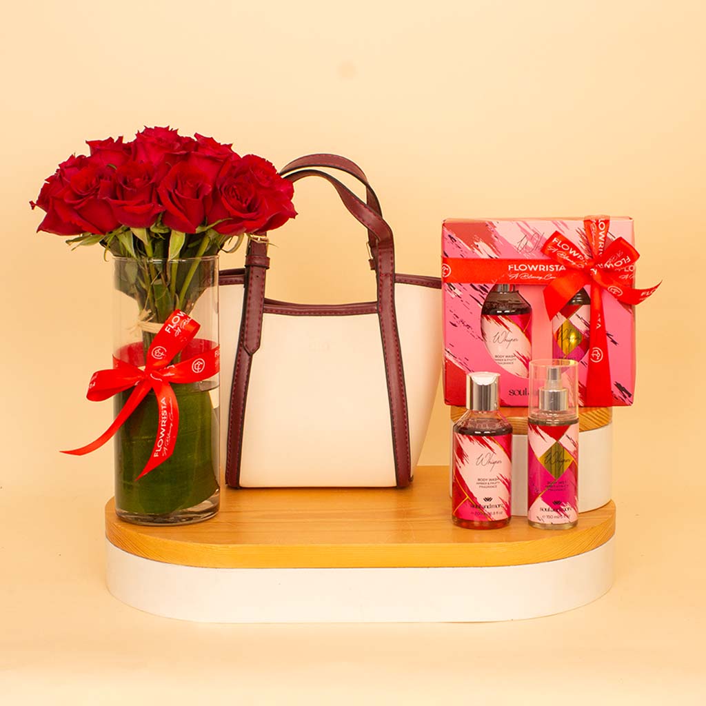 Flowrista Online Flowers Shop Velda Burgundy & Whisper Elegance Bundle - Alamki Bag & Soul & More Set & Red Roses Vase
