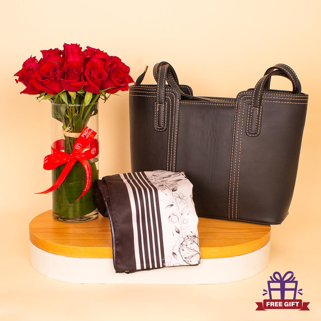 Flowrista Online Flowers Shop Sketch Elegance & Roses Bundle - Velour Hams Scarf & Alamki Juliette Black Bag & Red Roses