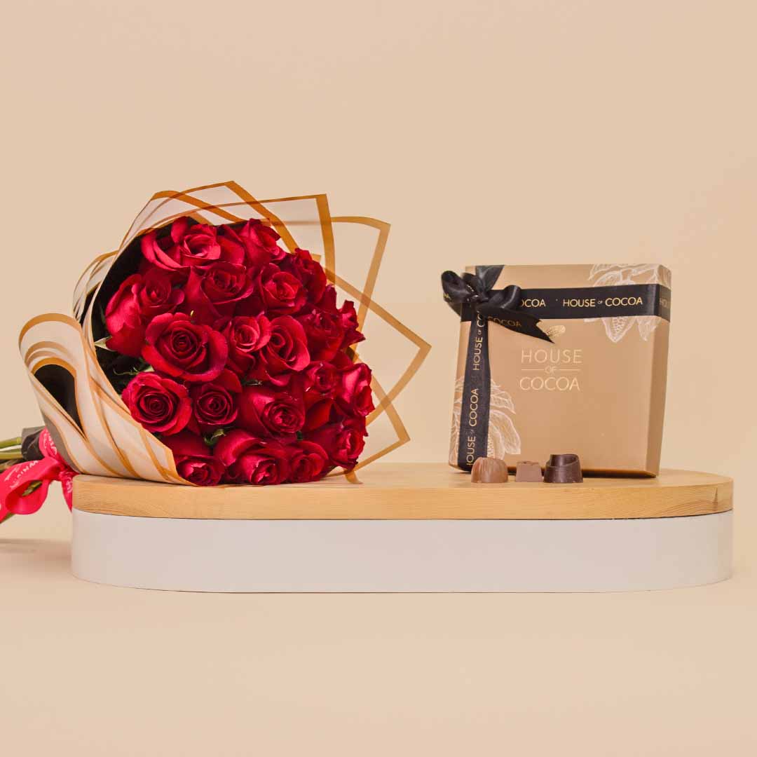Flowrista Online Flowers Shop شوكولاتة من هاوس أوف كوكا قطعة مع بوكية من 20 وردة حمراء