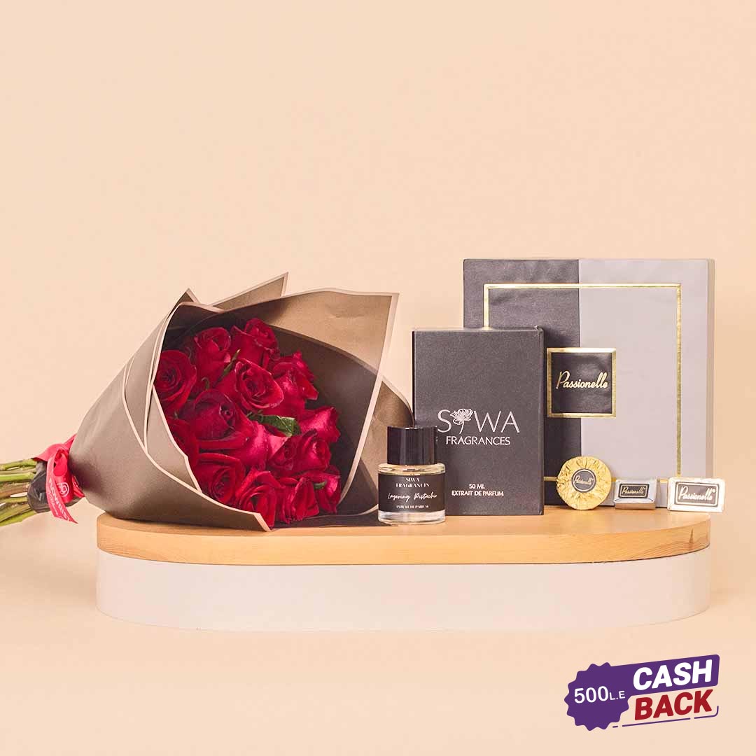 Flowrista Online Flowers Shop Passionelle Premium Chocolate Box with 15 Red Roses and Siwa Layering Pistachio 50ml