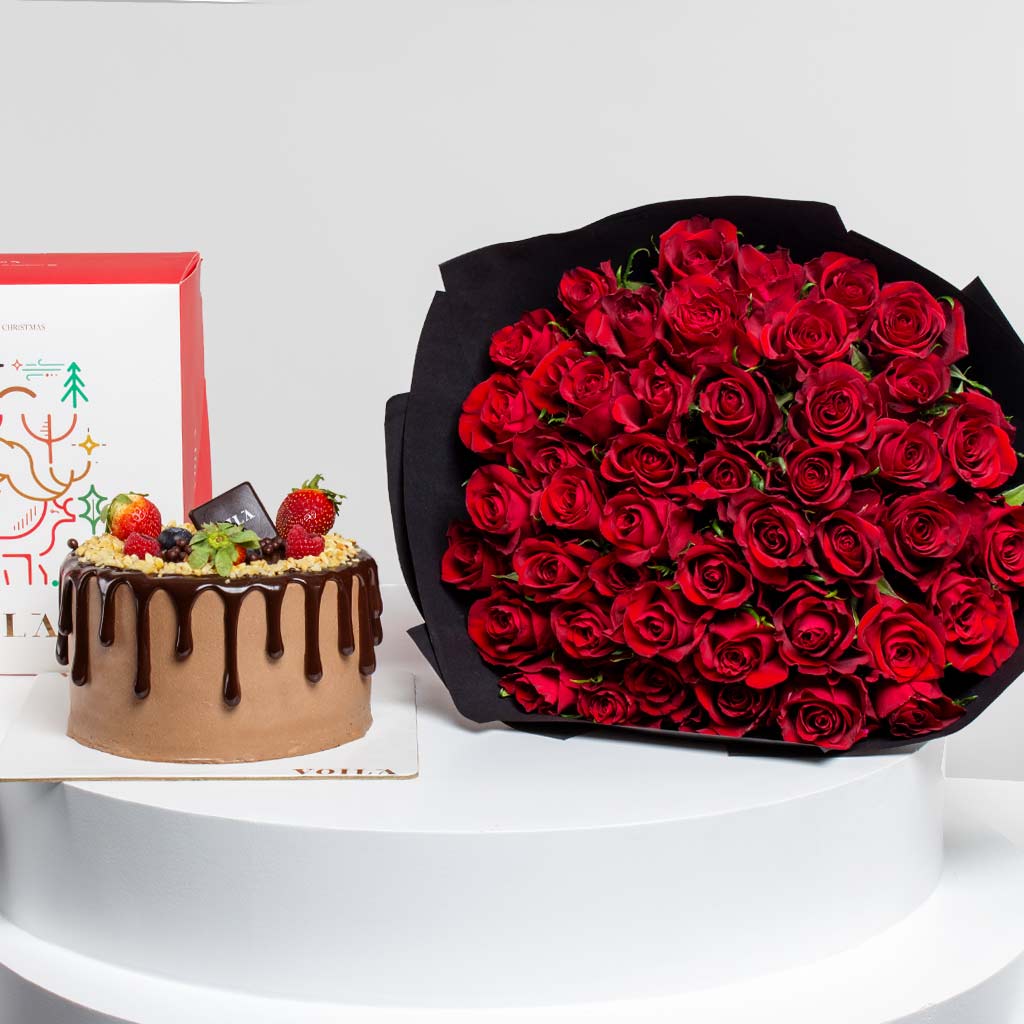 Flowrista Online Flowers Shop كيكة شوكولاتة فوالا و 50 وردة حمراء