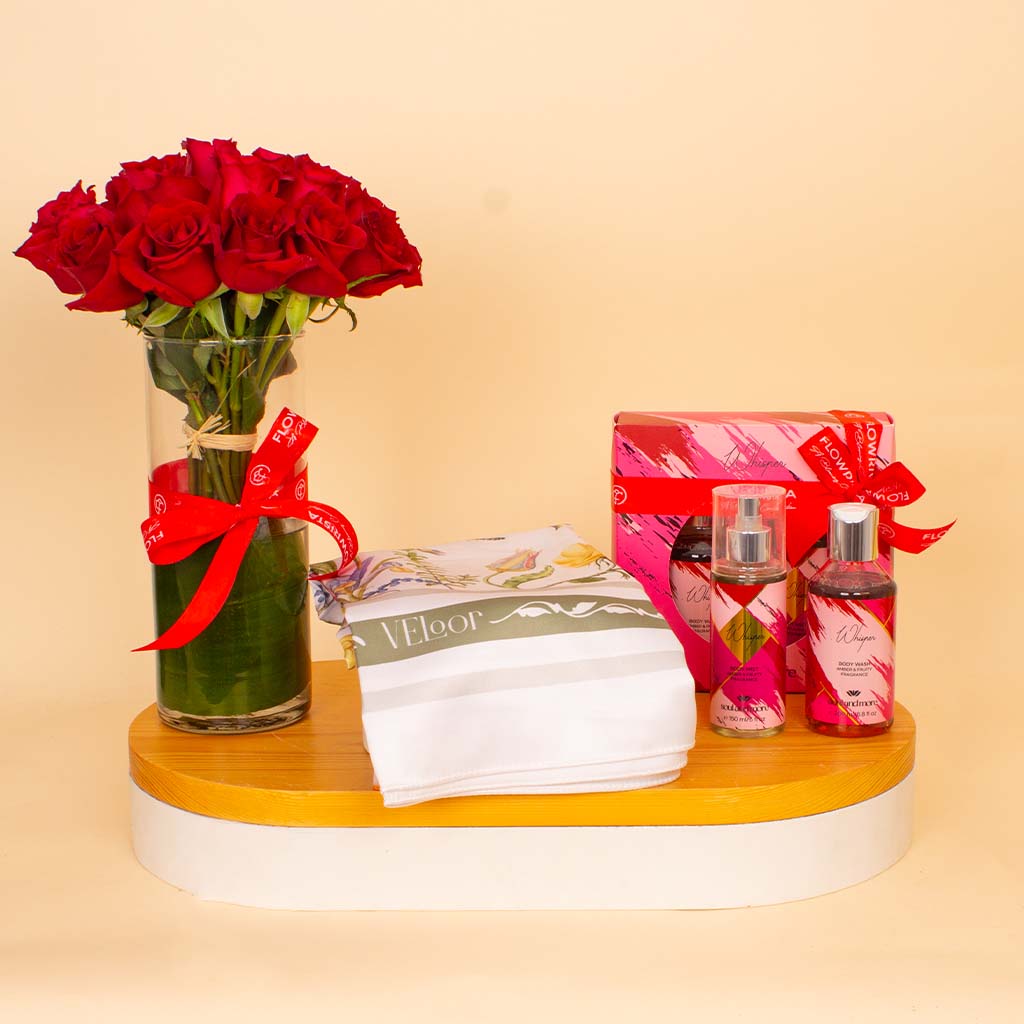 Flowrista Online Flowers Shop Whisper & Roses Elegance Bundle - Velour Floral Scarf & Soul & More Whisper Set & Red Roses