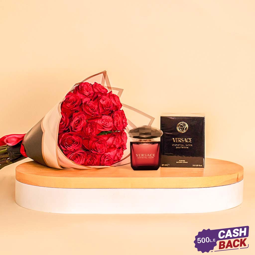 Flowrista Online Flowers Shop عطر فيرساتشي كريستال نوار مع بوكيه ورد أحمر 20 وردة