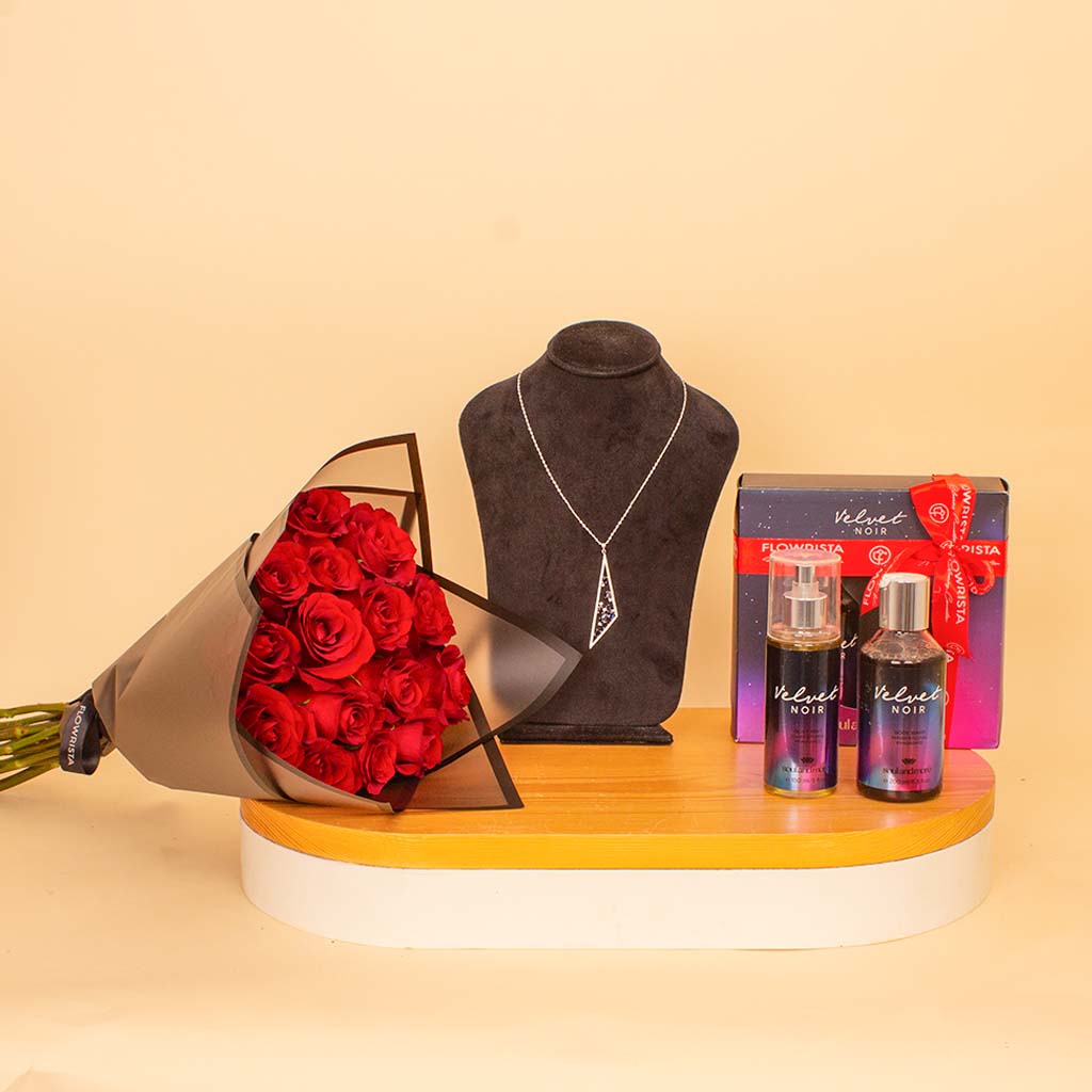 Flowrista Online Flowers Shop Velvet Noir & Red Roses Bundle — Felizmoda Triangle Zircon Necklace & Red Roses Bouquet
