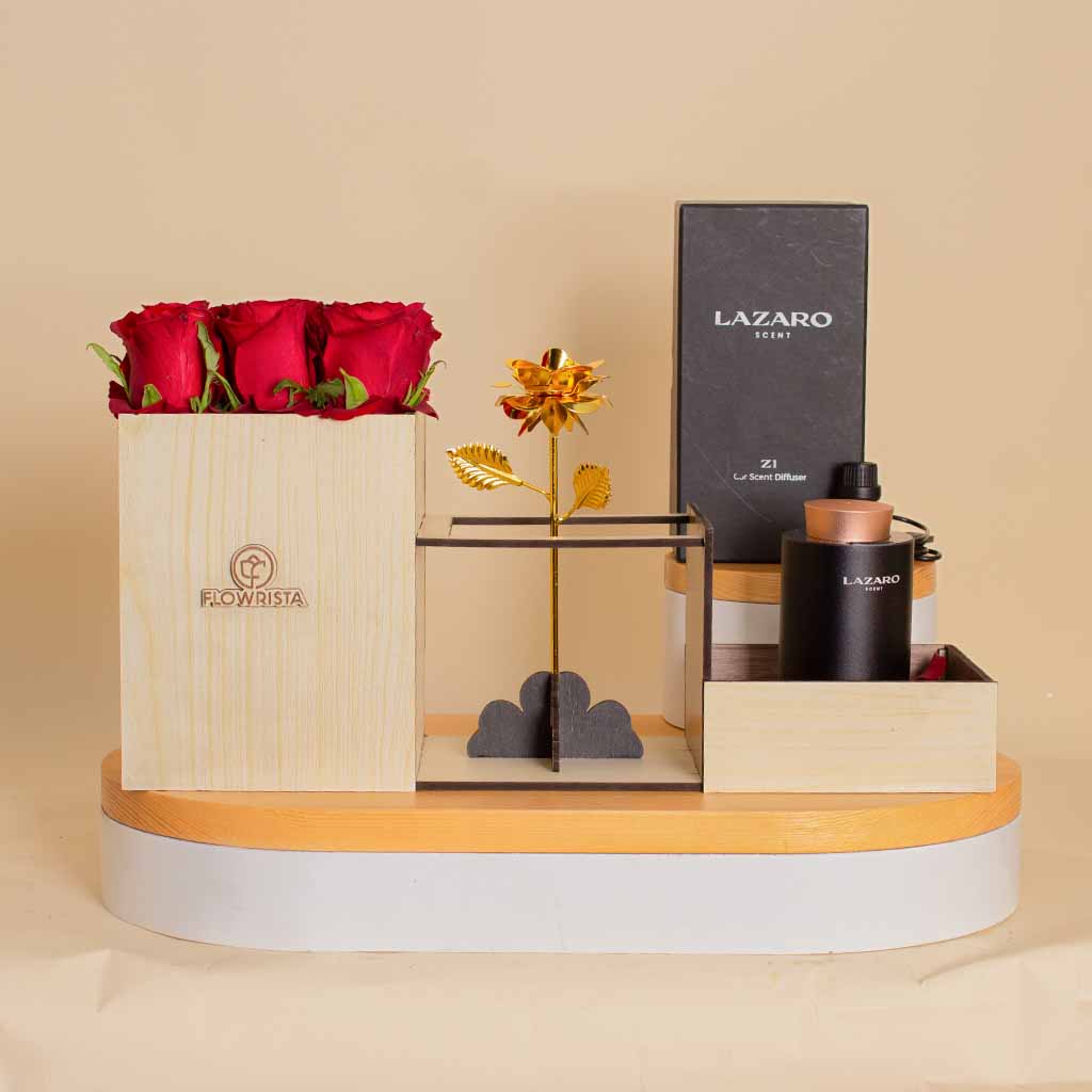 Flowrista Online Flowers Shop معطر جو للسيارة لازارو Z1، أسود و9 ورود وزهرة ذهبية