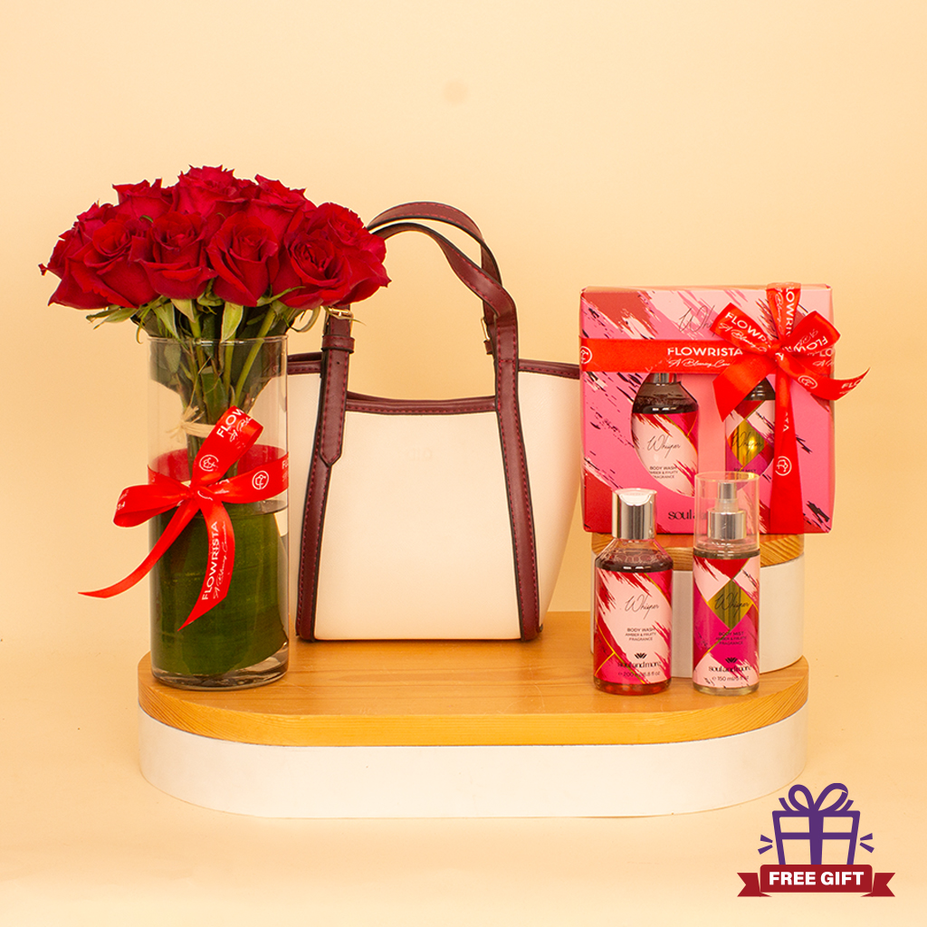 Flowrista Online Flowers Shop Velda Burgundy & Whisper Elegance Bundle - Alamki Bag & Soul & More Set & Red Roses Vase