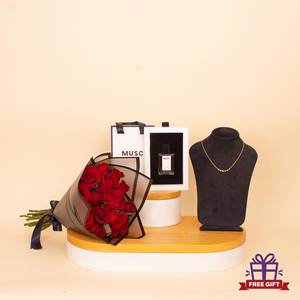 Flowrista Online Flowers Shop MUSC Oud Musc Perfume & Felizmoda Gold-Plated Silver Necklace with Red Roses Bouquet