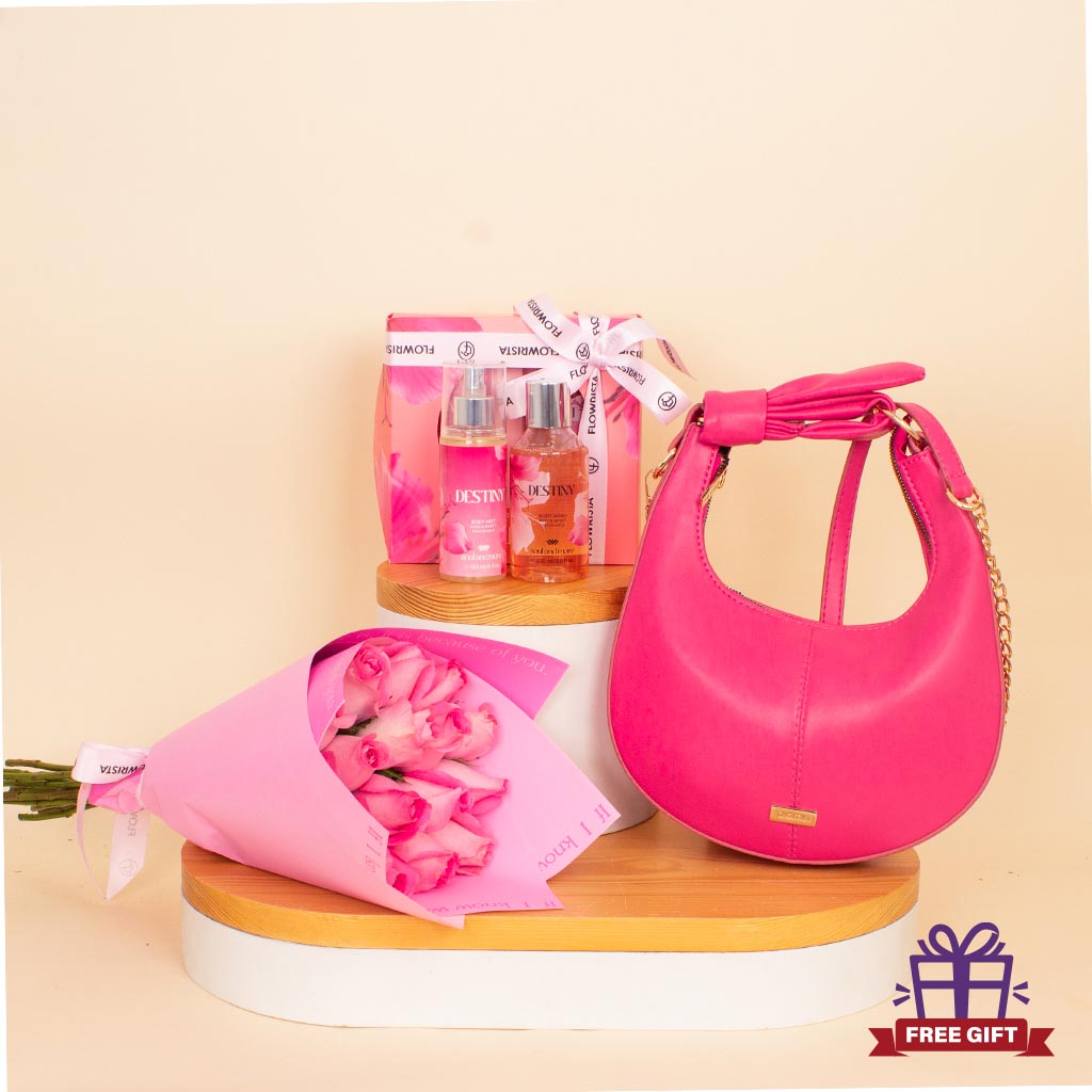 Flowrista Online Flowers Shop Alamki Bella Fuchsia Bag & Destiny Set with Pink Roses Bouquet
