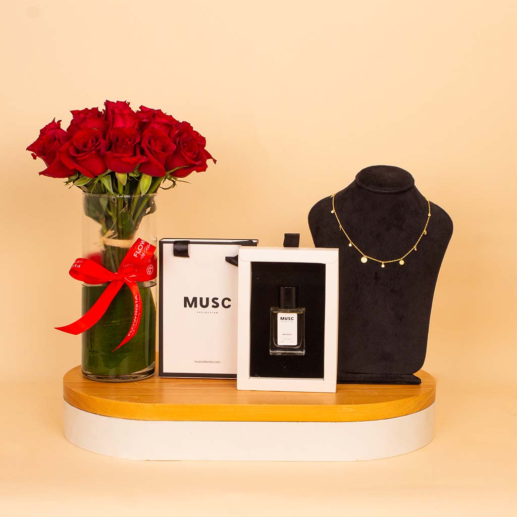 Flowrista Online Flowers Shop مجموعة كريستال رومانسية - قلادة فيليزمودا مع عطر ميس مسك 30 مل ومزهرية ورود حمراء