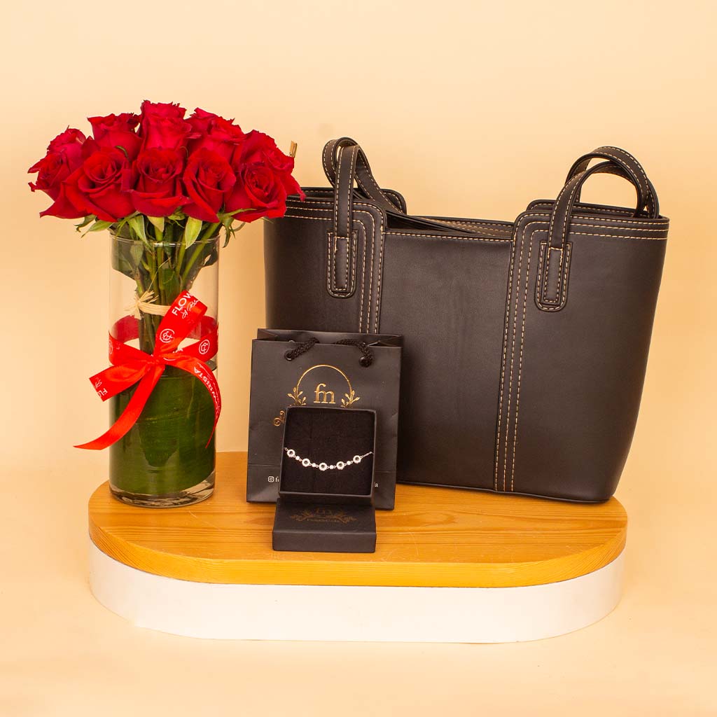 Flowrista Online Flowers Shop Juliette & Silver Grace Bundle — Bag & Bracelet & Red Roses