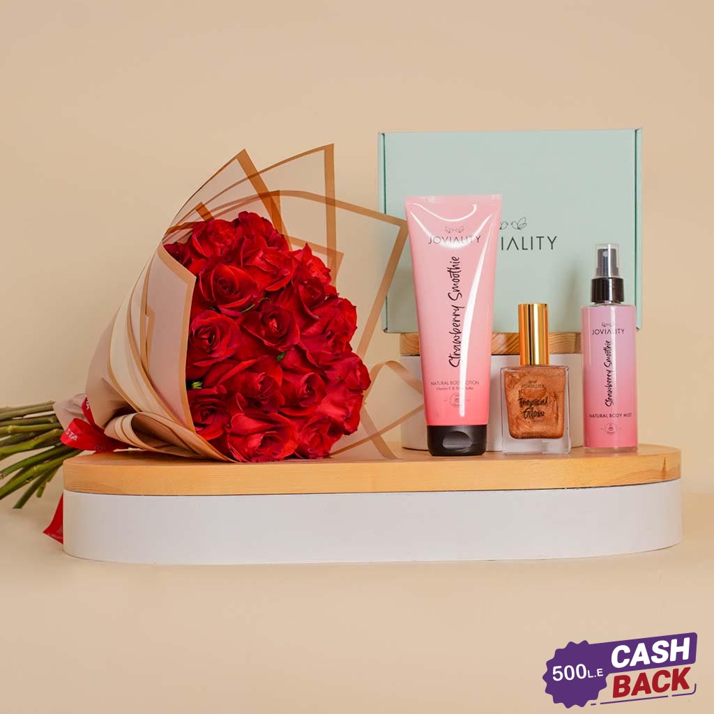 Flowrista Online Flowers Shop مجموعة العناية بالجسم برائحة الفراولة من جوفياليتي مع باقة يد من 20 وردة حمراء