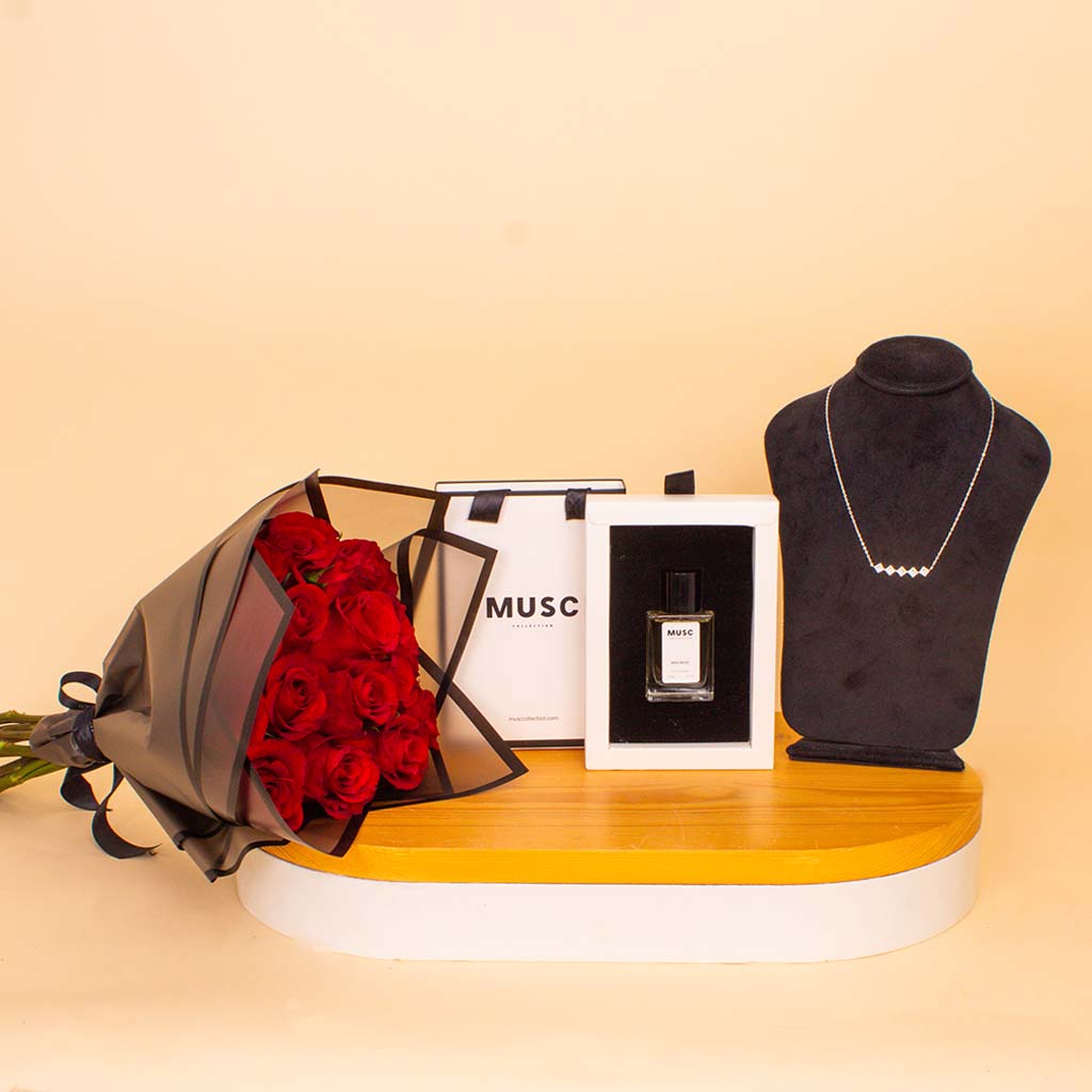 Flowrista Online Flowers Shop Signature Musc & Zircon Bundle - Perfume 30ml & Necklace & Red Roses Bouquet