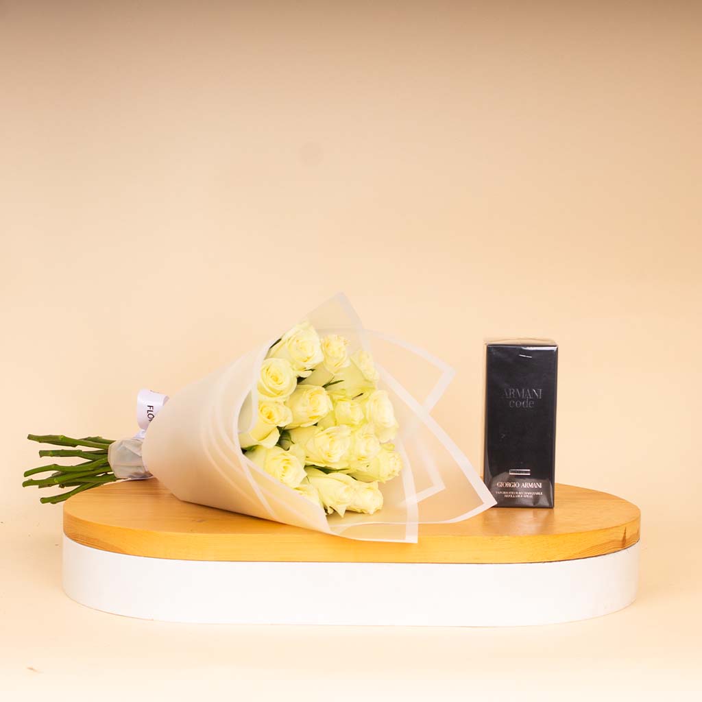 Flowrista Online Flowers Shop جورجيو أرماني كود للرجال ١٢٥ مل مع باقة ورد بيضاء