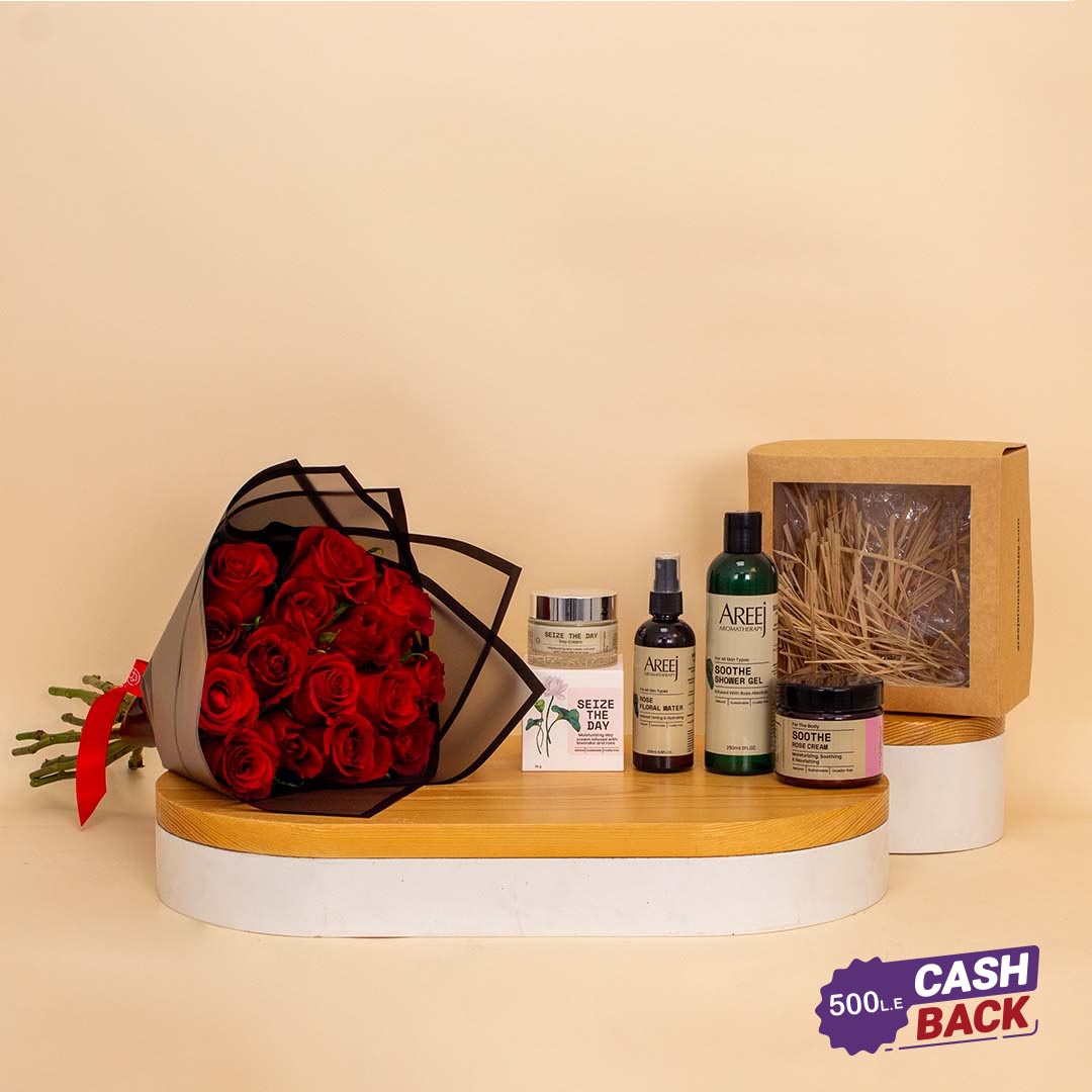 Flowrista Online Flowers Shop مجموعة هدايا أريج للعناية بالبشرة مع باقة الورود الحمراء