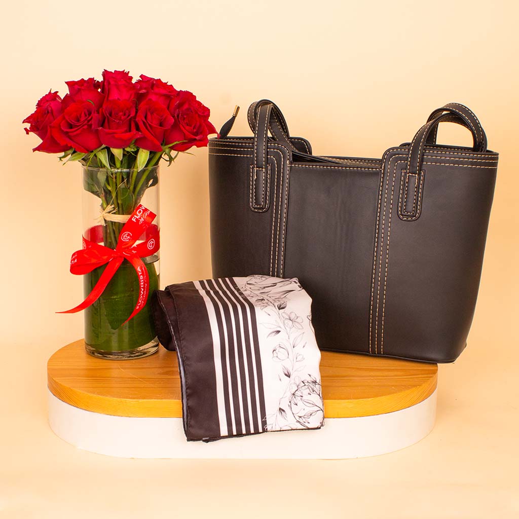 Flowrista Online Flowers Shop Sketch Elegance & Roses Bundle - Velour Hams Scarf & Alamki Juliette Black Bag & Red Roses