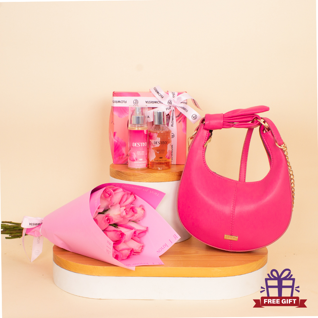 Flowrista Online Flowers Shop Alamki Bella Fuchsia Bag & Destiny Set with Pink Roses Bouquet
